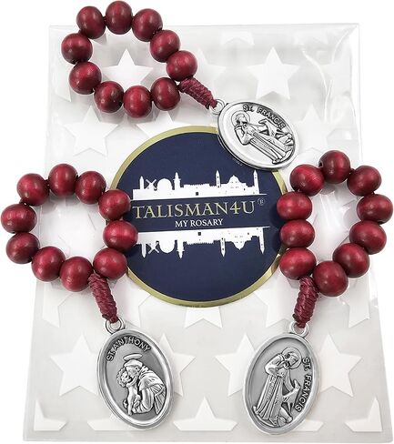 TALISMAN4U مجموعة من 3 مسبحة للأصابع، ميدالية تعبدية للقديسين الكاثوليك، مسبحة جيب للصلاة لعقد واحد، مسبحة، خرز خشبي أحمر، مصنوعة يدويًا، هدية دينية صغيرة in Saudi Arabia