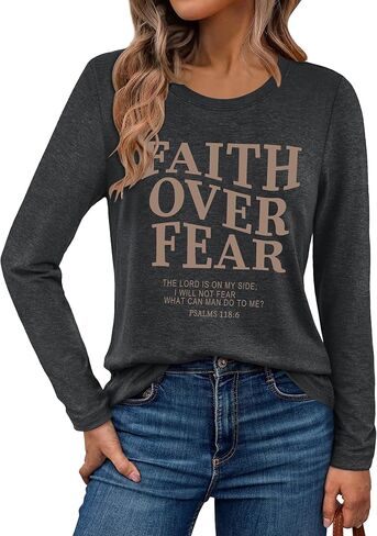 Christian Shirts for Women: Faith Over Fear T Shirt Religious Graphic Tee Bibel Verse Long Sleeve Tops in Saudi Arabia