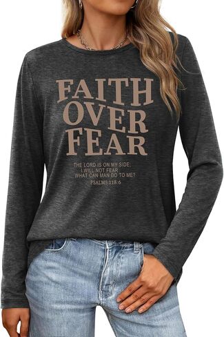 Christian Shirts for Women: Faith Over Fear T Shirt Religious Graphic Tee Bibel Verse Long Sleeve Tops in Saudi Arabia