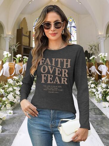 Christian Shirts for Women: Faith Over Fear T Shirt Religious Graphic Tee Bibel Verse Long Sleeve Tops in Saudi Arabia