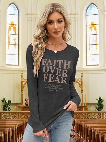 Christian Shirts for Women: Faith Over Fear T Shirt Religious Graphic Tee Bibel Verse Long Sleeve Tops in Saudi Arabia