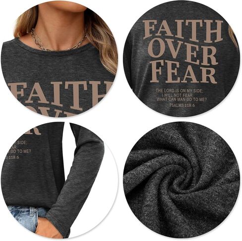 Christian Shirts for Women: Faith Over Fear T Shirt Religious Graphic Tee Bibel Verse Long Sleeve Tops in Saudi Arabia