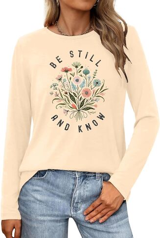Christian Shirts for Women: Faith Over Fear T Shirt Religious Graphic Tee Bibel Verse Long Sleeve Tops in Saudi Arabia