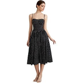 Women's Polka Dots Flared A Line Dress Spaghetti Strap Flowy Midi Vintage Party Dresses in Kuwait