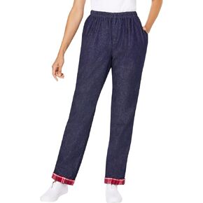 Woman Within Plus Size Elastic-Waist Cotton Straight Leg Denim Pant with Flannel Lining in Kuwait