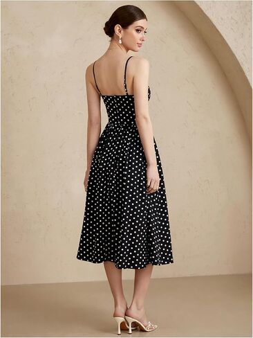 فستان نسائي منقط على شكل حرف A واسع وحزام سباغيتي واسع متوسط ​​الطول فساتين الحفلات العتيقة in Kuwait