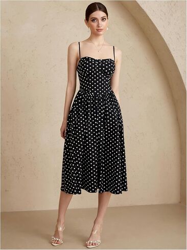 فستان نسائي منقط على شكل حرف A واسع وحزام سباغيتي واسع متوسط ​​الطول فساتين الحفلات العتيقة in Kuwait