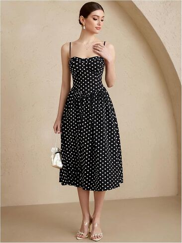 فستان نسائي منقط على شكل حرف A واسع وحزام سباغيتي واسع متوسط ​​الطول فساتين الحفلات العتيقة in Kuwait