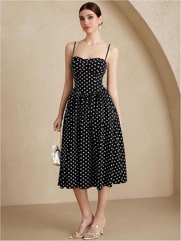 فستان نسائي منقط على شكل حرف A واسع وحزام سباغيتي واسع متوسط ​​الطول فساتين الحفلات العتيقة in Kuwait