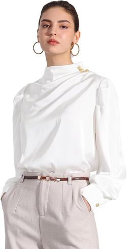 Allegra K Women's Satin Blouse Pleated Mock Neck Puff Sleeve Dressy Casual Top in Saudi Arabia
