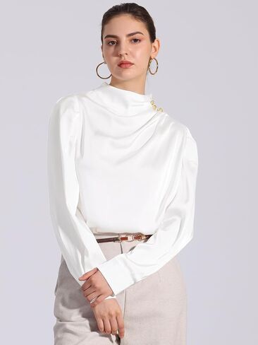 Allegra K Women's Satin Blouse Pleated Mock Neck Puff Sleeve Dressy Casual Top in Saudi Arabia