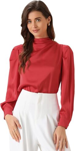 Allegra K Women's Satin Blouse Pleated Mock Neck Puff Sleeve Dressy Casual Top in Kuwait