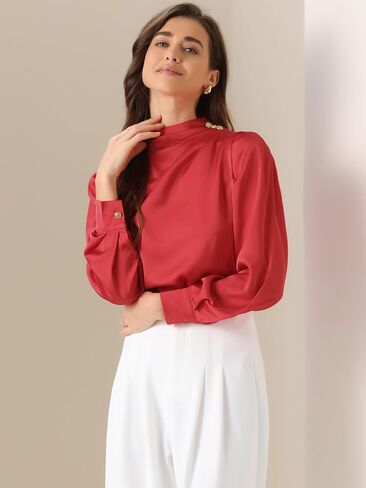 Allegra K Women's Satin Blouse Pleated Mock Neck Puff Sleeve Dressy Casual Top in Kuwait