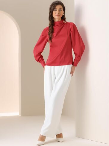 Allegra K Women's Satin Blouse Pleated Mock Neck Puff Sleeve Dressy Casual Top in Kuwait