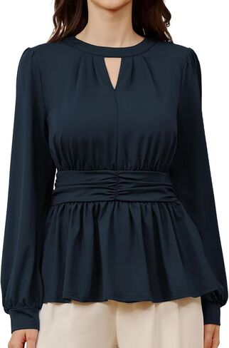 بلوزات من Belle Poque Peplum للنساء مناسبة للعمل كاجوال بيبي دول مكشكشة وأكمام طويلة وفتحة رقبة مستديرة in Saudi Arabia