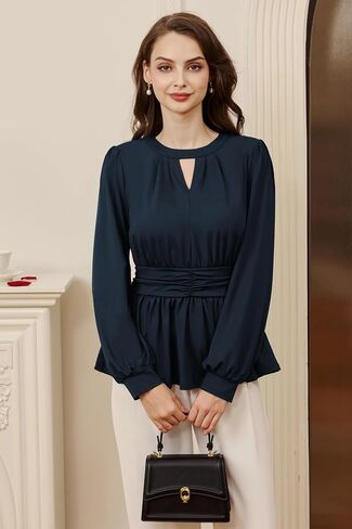 بلوزات من Belle Poque Peplum للنساء مناسبة للعمل كاجوال بيبي دول مكشكشة وأكمام طويلة وفتحة رقبة مستديرة in Saudi Arabia