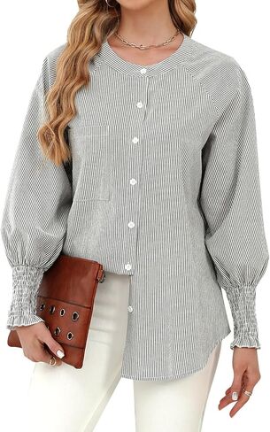 Womens Striped Round Neck Button Down Blouse Long Balloon Sleeve Crewneck Smocked Cuffs Shirt Gray in Kuwait