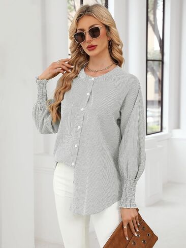 Womens Striped Round Neck Button Down Blouse Long Balloon Sleeve Crewneck Smocked Cuffs Shirt Gray in Kuwait