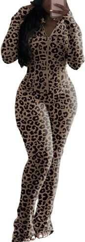 Molilove Womens 2 Piece Outfits Lounge Sweatsuit Set Long Sleeve Zipper Crop Jacket Long Flare Pants Tracksuits Workout Set in Kuwait