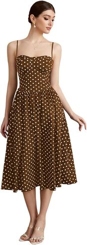 Women's Polka Dots Flared A Line Dress Spaghetti Strap Flowy Midi Vintage Party Dresses in Saudi Arabia