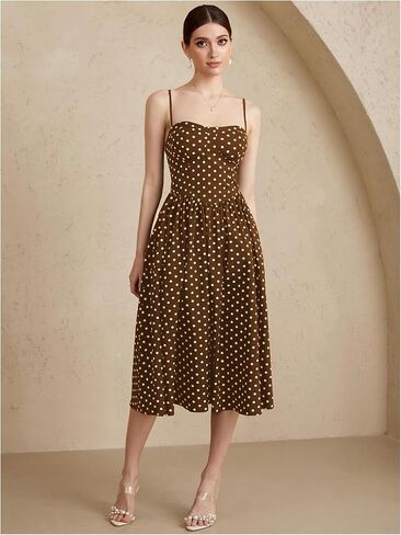 Women's Polka Dots Flared A Line Dress Spaghetti Strap Flowy Midi Vintage Party Dresses in Saudi Arabia