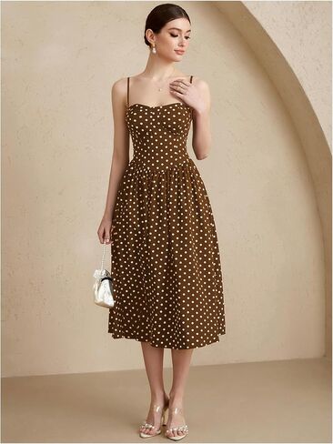 Women's Polka Dots Flared A Line Dress Spaghetti Strap Flowy Midi Vintage Party Dresses in Saudi Arabia