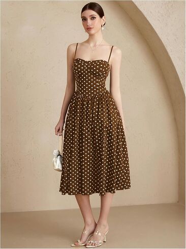 Women's Polka Dots Flared A Line Dress Spaghetti Strap Flowy Midi Vintage Party Dresses in Saudi Arabia