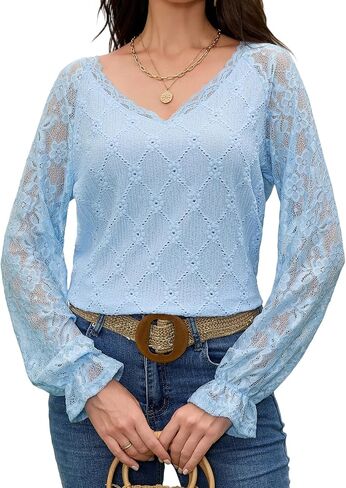 Women's Long Sleeve Lace Shirt V-Neck Bell Sleeve Blouse Elegant Blusas for Women Fall Fashion Tops S-XXL in Saudi Arabia