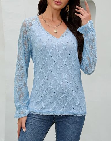 Women's Long Sleeve Lace Shirt V-Neck Bell Sleeve Blouse Elegant Blusas for Women Fall Fashion Tops S-XXL in Saudi Arabia
