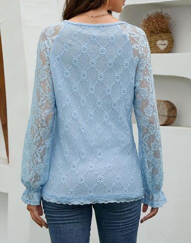 Women's Long Sleeve Lace Shirt V-Neck Bell Sleeve Blouse Elegant Blusas for Women Fall Fashion Tops S-XXL in Saudi Arabia