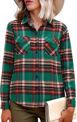 Womens Flannel Shirts Long Sleeve Collared Button Down Plaid Shirt Casual Work Tops Fall Checked Blouses in Saudi Arabia