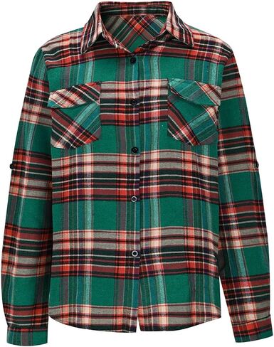 Womens Flannel Shirts Long Sleeve Collared Button Down Plaid Shirt Casual Work Tops Fall Checked Blouses in Saudi Arabia