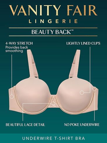 Vanity Fair Women's Full Figure Beauty Back Smoothing Bra, 4-Way Stretch Fabric, Lightly Lined Cups Up to H in Saudi Arabia