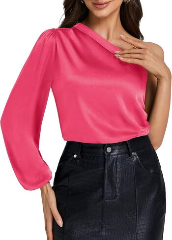 Women's Satin One Shoulder Lantern Long Sleeve Loose Fit Workwear Blouse Top in Saudi Arabia
