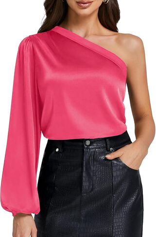 Women's Satin One Shoulder Lantern Long Sleeve Loose Fit Workwear Blouse Top in Saudi Arabia