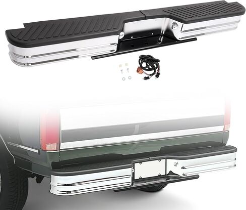 KUAFU Rear Bumper with Lights Compatible with 1967-1998 Chevy Chevrolet GMC C/K Dodge Fleetside Ram charger Ford Bronco F-Series Chrome Powder Coated Lights Included W/O License Plate Mounting in Saudi Arabia