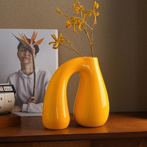 Yellow Ceramic Vase – Glossy Modern Sculptural Décor, Arch Handle Artistic Design, Bright Accent for Living Room, Shelf, or Table (7.5 in, Holds Water) in Saudi Arabia