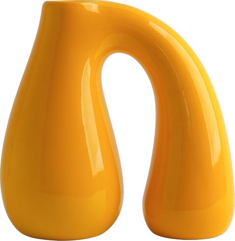 Yellow Ceramic Vase – Glossy Modern Sculptural Décor, Arch Handle Artistic Design, Bright Accent for Living Room, Shelf, or Table (7.5 in, Holds Water) in Saudi Arabia