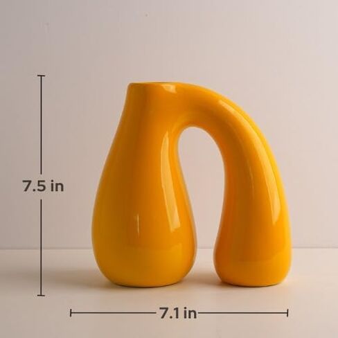 Yellow Ceramic Vase – Glossy Modern Sculptural Décor, Arch Handle Artistic Design, Bright Accent for Living Room, Shelf, or Table (7.5 in, Holds Water) in Saudi Arabia