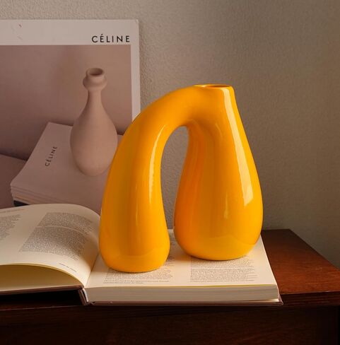 Yellow Ceramic Vase – Glossy Modern Sculptural Décor, Arch Handle Artistic Design, Bright Accent for Living Room, Shelf, or Table (7.5 in, Holds Water) in Saudi Arabia