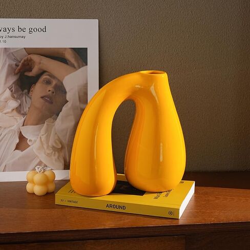 Yellow Ceramic Vase – Glossy Modern Sculptural Décor, Arch Handle Artistic Design, Bright Accent for Living Room, Shelf, or Table (7.5 in, Holds Water) in Saudi Arabia
