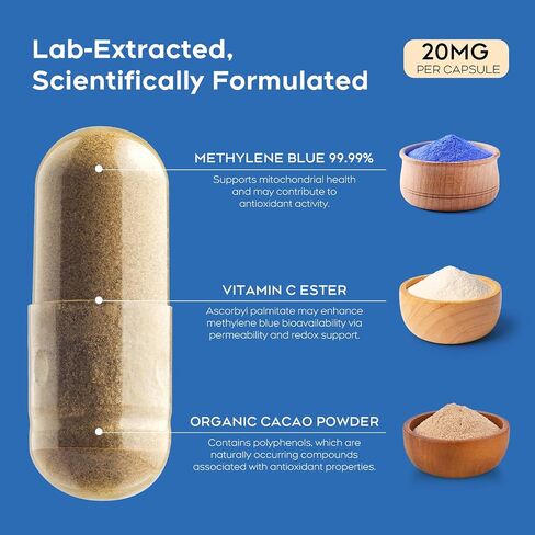 Methylene Blue USP-Grade Capsules, 20mg High-Purity, Vitamin C Ester + Organic Cacao, 60 Vegan Capsules – Cognitive Support & Cellular Health, Formaldehyde-Free, Stain-Free Formula in Saudi Arabia