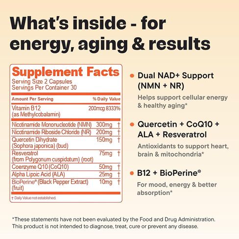 NAD+ Support Complex – NMN + NR Formula with Resveratrol, CoQ10, Quercetin & Black Pepper – Cellular Energy & Wellness – Vegan, Non-GMO, 60 Capsules in Saudi Arabia