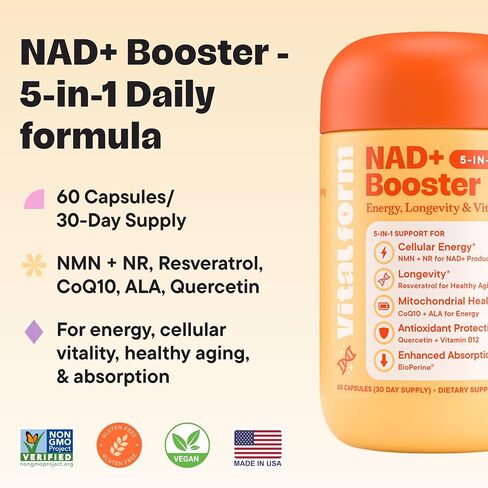 NAD+ Support Complex – NMN + NR Formula with Resveratrol, CoQ10, Quercetin & Black Pepper – Cellular Energy & Wellness – Vegan, Non-GMO, 60 Capsules in Saudi Arabia