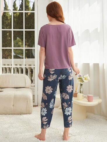 Women's Pajamas Set Purple and Navy Floral Print Short Sleeve Soft Breathable Sleepwear in Saudi Arabia