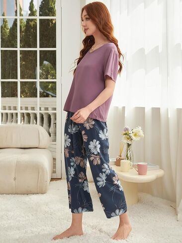 Women's Pajamas Set Purple and Navy Floral Print Short Sleeve Soft Breathable Sleepwear in Saudi Arabia
