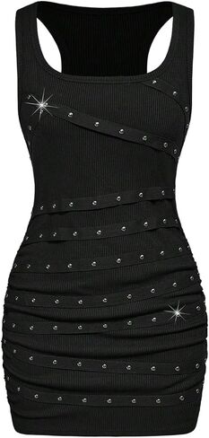 Women's 2025 Tank Mini Dress Grunge Punk Rivet Bodycon Dresses Party Club Sleeveless Mini Dresses in Saudi Arabia