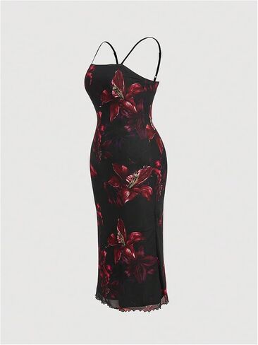 Verdusa Women's Plus Size Floral Spaghetti Strap Bodycon Dress Backless Sleeveless Long Cami Dress in Saudi Arabia