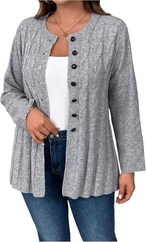 OYOANGLE Women's Plus Size Cable Knit Button Down Cardigan Sweater Crew Neck Knitted Outerwear Coats in Saudi Arabia