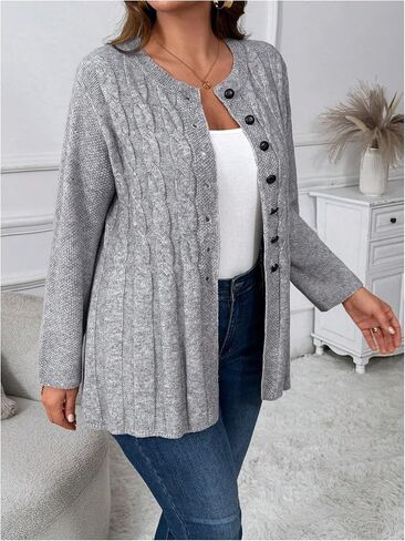 OYOANGLE Women's Plus Size Cable Knit Button Down Cardigan Sweater Crew Neck Knitted Outerwear Coats in Saudi Arabia